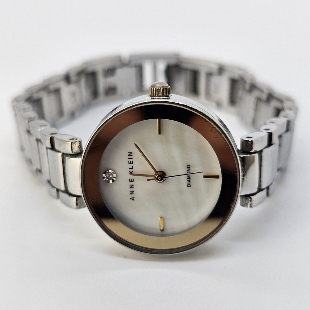 Anne Klein Diamond Women's 26MM White Dial Gray‎ Tone Bracelet 7" New Battery